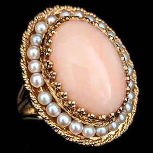 1940 Angelskin Coral Pearls 14k Yellow Gold Cocktail Ring Vintage Retro Estate